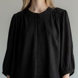 Black Button-Front Textured Blouse